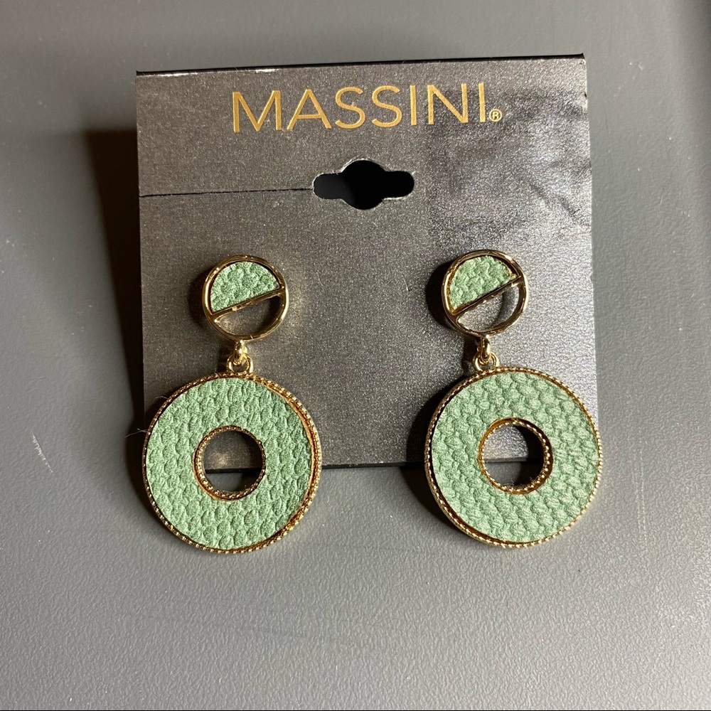 Massini  Faux Leather Round Green/Gold earrings